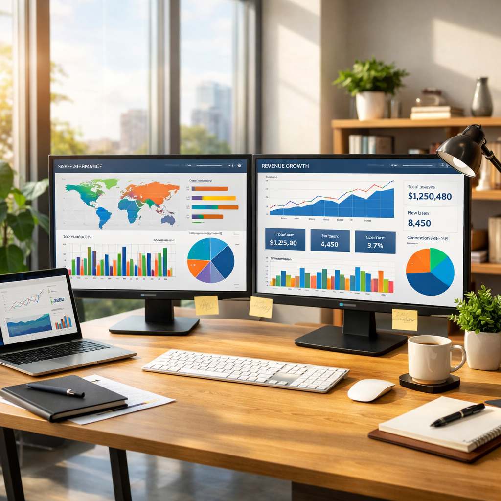 Dual monitors showing global sales and revenue growth charts with laptop